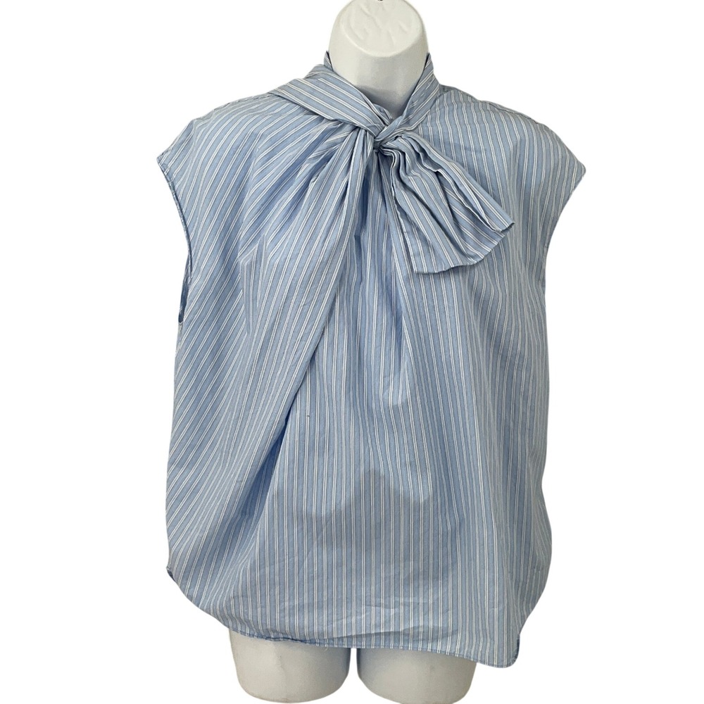 Zara Tie Neck Blouse Women Small Blue Classic Preppy Coastal Sleeveless